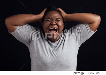 Anger, frustrated and black woman screaming, depression and mental health on a dark black studio background. Person, emotion and model shouting, anxiety and angry with grief, moody and lose control 138788536