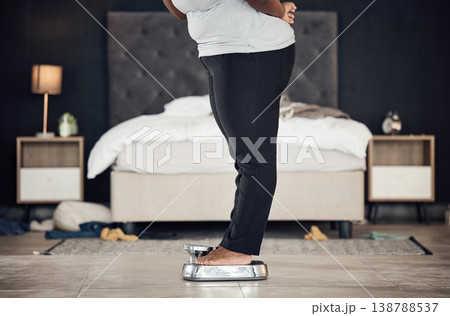 Legs, scale and weightloss with a person the bedroom of their home for health, fitness or body wellness. Diet, measure and progress with a plus size adult weighing to track the results of a workout Legs, scale and weightloss with a person the bedroom of their home for health, fitness or body wellness. Diet, measure and progress with a plus size adult weighing to track the results of a workout 138788537