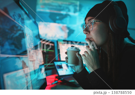 Woman, hacker and computer with thinking, night and coffee for analysis, cyber crime and ideas with monitor. Information technology expert, screen and dashboard with ransomware with phishing for data 138788550