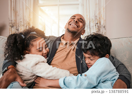 Father, children and hug in home, funny and love, care and bonding together. Dad, kids and embrace in lounge for trust, support and family time to relax on sofa, laughing and happy in living room Father, children and hug in home, funny and love, care and bonding together. Dad, kids and embrace in lounge for trust, support and family time to relax on sofa, laughing and happy in living room 138788591