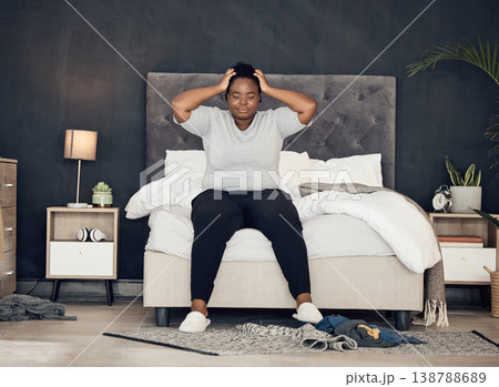 Insomnia, depression and black woman in bedroom at night with anxiety, headache and stress at home. Mental health, tired and sad female person with pain for problem, anger and morning fatigue on bed Insomnia, depression and black woman in bedroom at night with anxiety, headache and stress at home. Mental health, tired and sad female person with pain for problem, anger and morning fatigue on bed 138788689