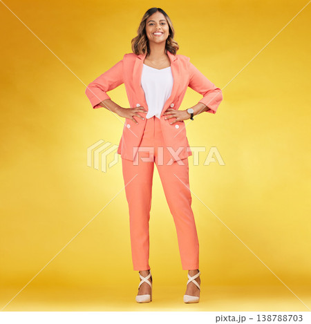 Fashion, portrait and a corporate woman on a studio background with a consultant smile. Happy, business and a young, stylish and corporate employee with confidence in sales or business career Fashion, portrait and a corporate woman on a studio background with a consultant smile. Happy, business and a young, stylish and corporate employee with confidence in sales or business career 138788703