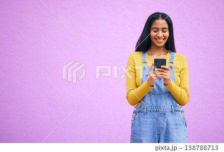 Online, happy and space with woman and phone for network, social media and communication. Contact, post and technology with person on purple background for gen z, notification and mobile app mockup Online, happy and space with woman and phone for network, social media and communication. Contact, post and technology with person on purple background for gen z, notification and mobile app mockup 138788713
