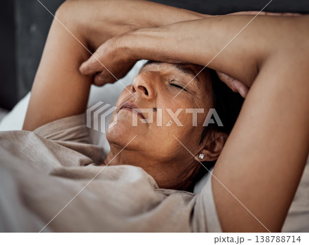 Sleeping, headache and senior woman in home bedroom with fatigue, tired or exhausted. Depression, insomnia and elderly person in bed with pain, stress and problem, anxiety or crisis in retirement Sleeping, headache and senior woman in home bedroom with fatigue, tired or exhausted. Depression, insomnia and elderly person in bed with pain, stress and problem, anxiety or crisis in retirement 138788714