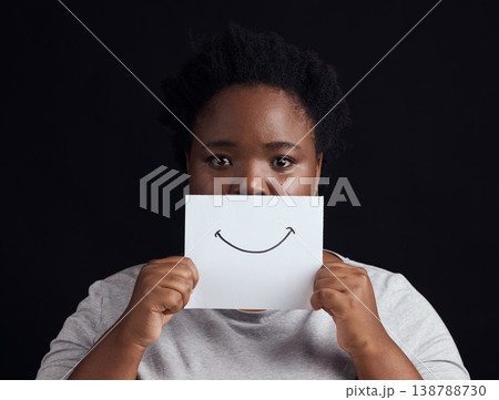 Paper smile, portrait and a black woman on a studio background for mental health, problem or fear. Advertising psychology, poster and the face of an African patient or girl with bipolar or sad Paper smile, portrait and a black woman on a studio background for mental health, problem or fear. Advertising psychology, poster and the face of an African patient or girl with bipolar or sad 138788730