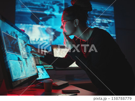 Woman, hacker and pc with thinking, night and ideas for analysis, cyber crime or brainstorming by monitor. Information technology expert, screen and dashboard with ransomware with phishing for data Woman, hacker and pc with thinking, night and ideas for analysis, cyber crime or brainstorming by monitor. Information technology expert, screen and dashboard with ransomware with phishing for data 138788779