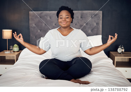 Yoga, lotus and portrait of black woman on bed for meditation, mindfulness or exercise. Pilates, workout or person in bedroom for zen, relax and plus size body for health, wellness or fitness at home 138788792