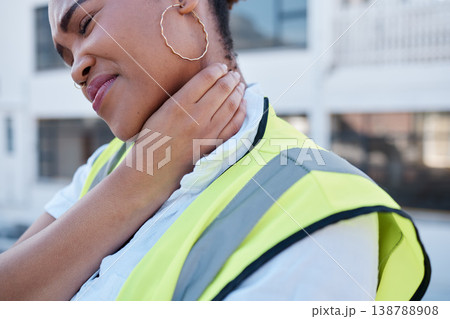 Engineer, woman and neck pain from injury, stress and burnout in civil engineering, construction and mistake. Tired african architect with accident, health risk and emergency for tension outdoor Engineer, woman and neck pain from injury, stress and burnout in civil engineering, construction and mistake. Tired african architect with accident, health risk and emergency for tension outdoor 138788908