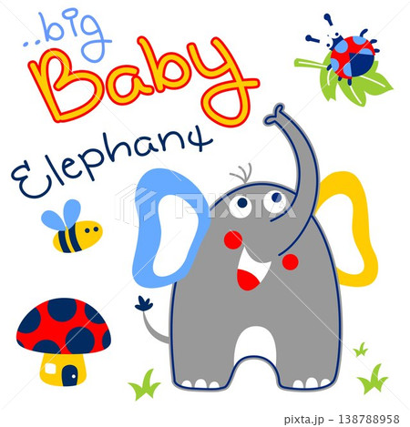 Vector cartoon illustration of cute elephant with bugs and mushroom 138788958