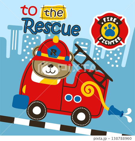Vector cartoon of cute bear driving fire truck on buildings background 138788960