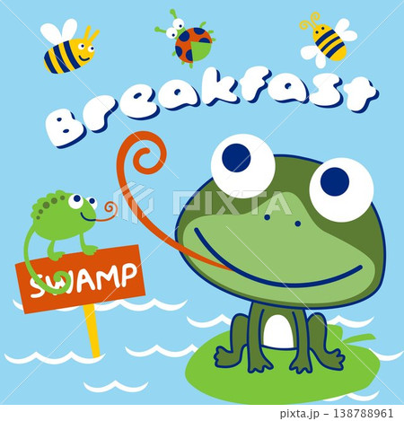 Vector cartoon of frog and chameleon in the swamp with insects 138788961
