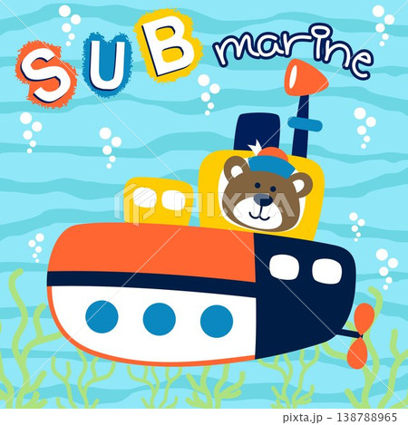 submarine with cute bear sailor undersea, vector cartoon illustration 138788965