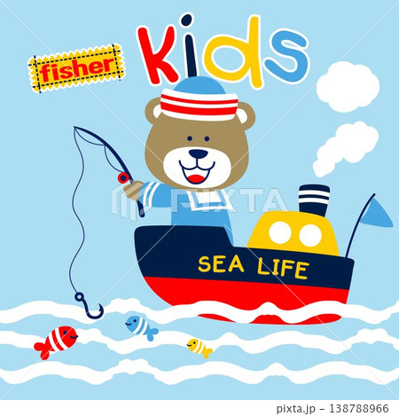 Cute bear in sailor costume fishing on boat, vector cartoon illustration Cute bear in sailor costume fishing on boat, vector cartoon illustration 138788966
