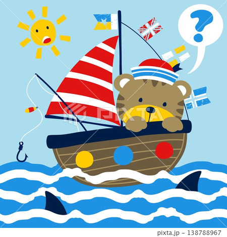 Little cat on sailboat under shark attack in the ocean ,vector cartoon illustration 138788967