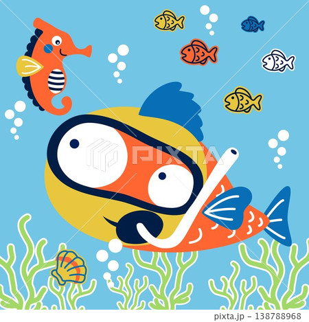 Big fish in diving goggles with seahorse and little fish undersea, vector cartoon illustration 138788968