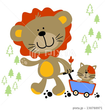 Cute lion pulling a cat on cart, vector cartoon illustration 138788971