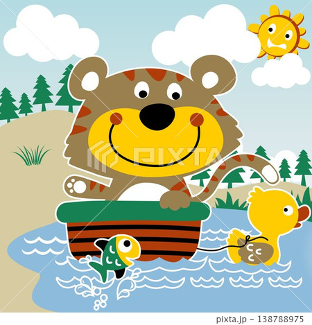 Vector cartoon illustration of little duck pulling cat on small boat, fish jump out from water Vector cartoon illustration of little duck pulling cat on small boat, fish jump out from water 138788975