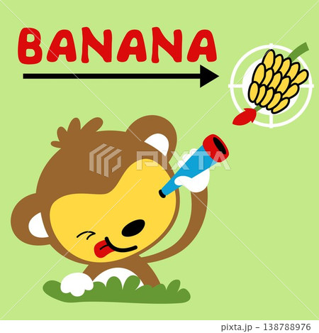 Vector cartoon of cute monkey holding binocular looking at banana Vector cartoon of cute monkey holding binocular looking at banana 138788976