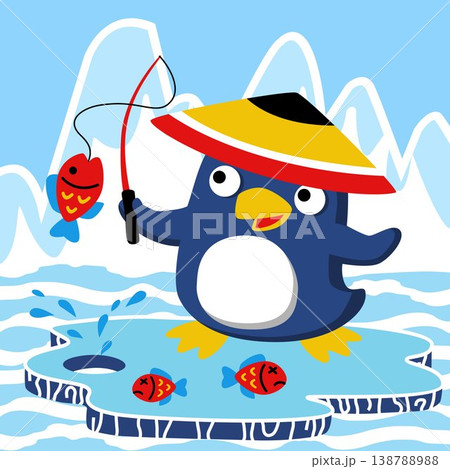 Cute penguin with Asian conical hat fishing, vector cartoon illustration 138788988