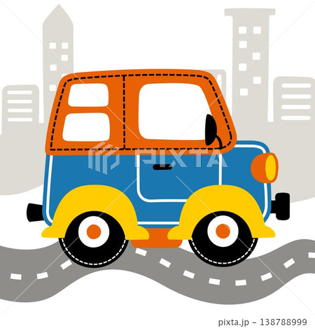 A van in the road on buildings backgrounds, vector cartoon illustration 138788999