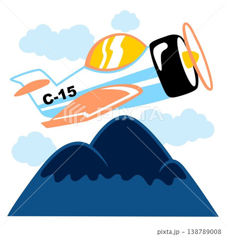 Airplane flying across over the mountains, vector cartoon illustration Airplane flying across over the mountains, vector cartoon illustration 138789008