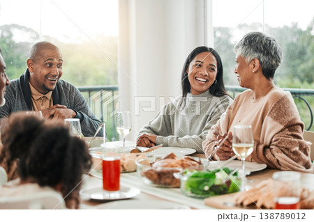 Smile, food and relax with big family in dining room for lunch, happy and holiday celebration. Thanksgiving, party and dinner with people laughing at table in home for nutrition, happiness and love Smile, food and relax with big family in dining room for lunch, happy and holiday celebration. Thanksgiving, party and dinner with people laughing at table in home for nutrition, happiness and love 138789012