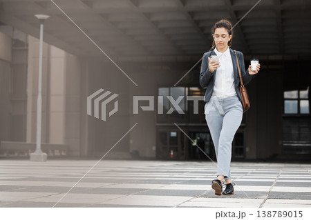 Travel, phone and business woman in city walking with coffee for morning commute, journey and trip. Professional, corporate and female person on smartphone for career, work and job in urban town 138789015