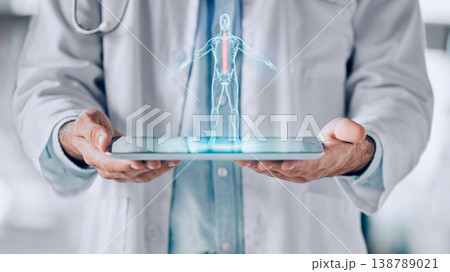 Closeup, tablet and doctor with hologram, human body and healthcare with science, analysis and research. Holographic person, medical professional or surgeon with biotechnology, anatomy and innovation Closeup, tablet and doctor with hologram, human body and healthcare with science, analysis and research. Holographic person, medical professional or surgeon with biotechnology, anatomy and innovation 138789021