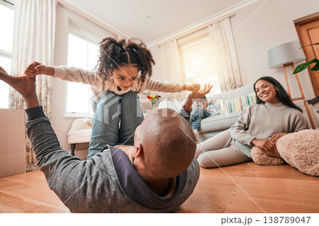 Happy, relax and airplane with family on floor of living room for funny, support and freedom. Smile, happiness and youth with father playing with child at home for care, trust and bonding together Happy, relax and airplane with family on floor of living room for funny, support and freedom. Smile, happiness and youth with father playing with child at home for care, trust and bonding together 138789047