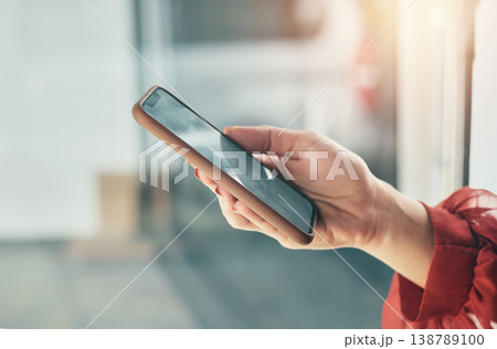 Phone, screen and hands of business woman in office for social media, internet and mobile app. Technology, professional and closeup of worker on smartphone for website, networking and online schedule Phone, screen and hands of business woman in office for social media, internet and mobile app. Technology, professional and closeup of worker on smartphone for website, networking and online schedule 138789100