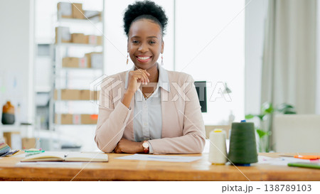 Business, hand on chin and black woman with smile for fashion designer, confident and positive mindset at company. Person, happy and pride for startup, creative career and entrepreneur in office Business, hand on chin and black woman with smile for fashion designer, confident and positive mindset at company. Person, happy and pride for startup, creative career and entrepreneur in office 138789103