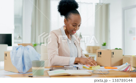 Happy black woman, fashion designer and box in small business planning or logistics at boutique store. African female person smile for clothing package, parcel or cargo in delivery or courier service Happy black woman, fashion designer and box in small business planning or logistics at boutique store. African female person smile for clothing package, parcel or cargo in delivery or courier service 138789144