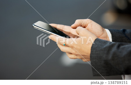 Phone, hands and woman texting in a city street for travel, location and internet, search or tracking closeup. Hand holding, smartphone and female checking social media, app or email on town commute 138789151