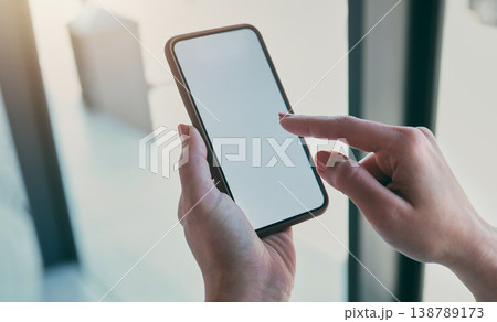 Phone screen, mockup and hands of business person in office for social media, internet and mobile app. Technology, professional and closeup of worker on smartphone for website, brand and advertising 138789173