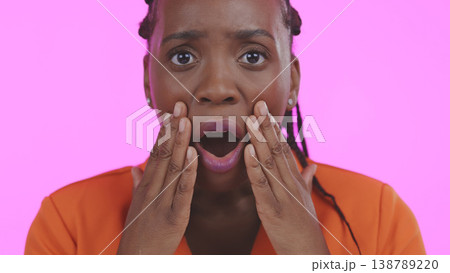 Face, woman and shocked for bad news in studio on pink background with mockup for mistake, fear or worry. Black person, female model and upset for announcement with hands, wow or stress in portrait Face, woman and shocked for bad news in studio on pink background with mockup for mistake, fear or worry. Black person, female model and upset for announcement with hands, wow or stress in portrait 138789220