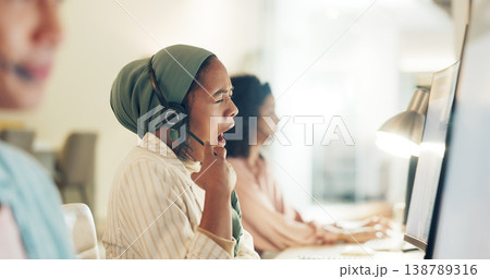 Call center woman, yawn and fatigue at computer, office or tired with team, customer service pr telemarketing. Islamic crm, burnout and overtime for tech support, help desk or consulting in workplace Call center woman, yawn and fatigue at computer, office or tired with team, customer service pr telemarketing. Islamic crm, burnout and overtime for tech support, help desk or consulting in workplace 138789316