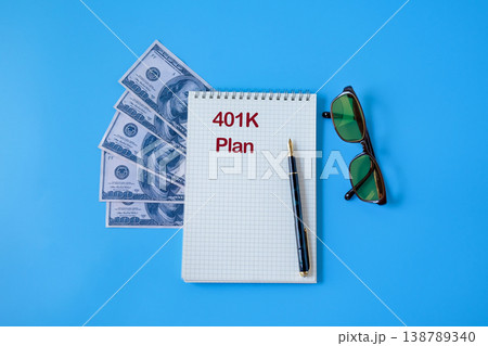 A message 401K Plan text written on note page with pencil and eyeglasses. A message 401K Plan text written on note page with pencil and eyeglasses. 138789340