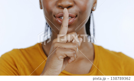 Secret, finger to lips and black woman in studio for privacy, confidential information and face on white background. Mouth zoom, quiet and silence gesture with emoji, gossip or whisper with news 138789362