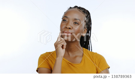 Woman, hands and thinking with idea or serious, decision and doubt on face in studio. Black person, strategy and planning with question for confused, problem solving and white background in mockup 138789363