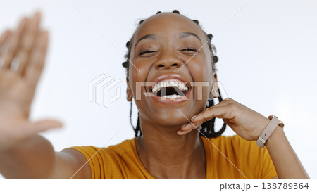 Black woman, portrait and smile in studio for selfie, live streaming vlog and content creation isolated on white background. Happy african model, laugh and profile picture for social media broadcast Black woman, portrait and smile in studio for selfie, live streaming vlog and content creation isolated on white background. Happy african model, laugh and profile picture for social media broadcast 138789364