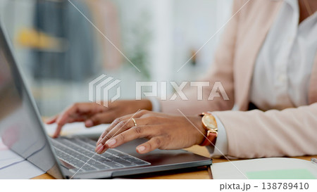 Laptop, hands and business woman in office closeup for research, planning or management. Typing, keyboard and lady designer online for web design, email or networking, social media or project review Laptop, hands and business woman in office closeup for research, planning or management. Typing, keyboard and lady designer online for web design, email or networking, social media or project review 138789410
