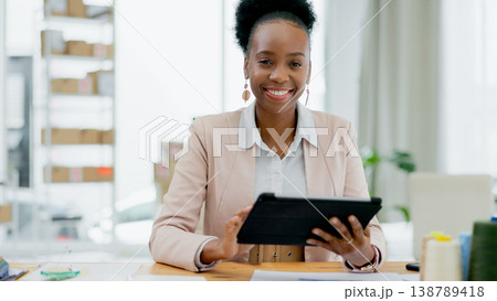 Designer, portrait or tablet for creative website for fashion design and stock or project research. Business, smile or black woman typing on app or technology for social media or ecommerce update Designer, portrait or tablet for creative website for fashion design and stock or project research. Business, smile or black woman typing on app or technology for social media or ecommerce update 138789418