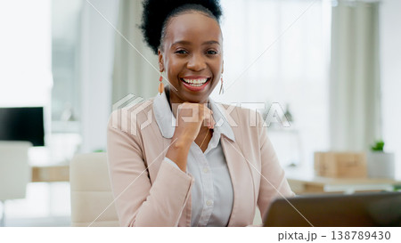 Portrait, black woman and hands on chin for business, motivation and positive mindset in digital marketing. Face, person or happy for startup, corporate career and entrepreneur in work office with pc Portrait, black woman and hands on chin for business, motivation and positive mindset in digital marketing. Face, person or happy for startup, corporate career and entrepreneur in work office with pc 138789430