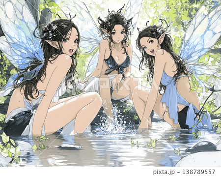 川辺で水遊びを楽しむピクシー3人のイラスト素材 138789557