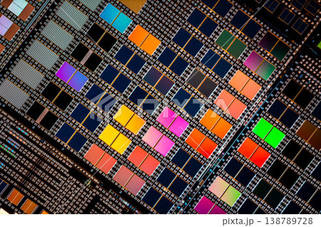 Silicon semiconductor wafer with integrated circuit die mosaic pattern. Silicon semiconductor wafer with integrated circuit die mosaic pattern. 138789728