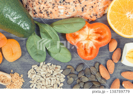 Nutritious products and ingredients containing differents vitamins or minerals for healthy hair Nutritious products and ingredients containing differents vitamins or minerals for healthy hair 138789779