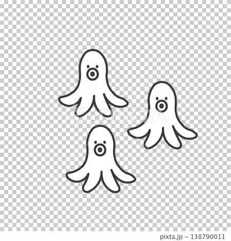 單色插圖，描繪了章魚形狀的香腸。食物、便當盒、配菜插圖，簡約，材料，便當材料。 138790011