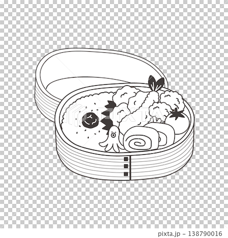 Monochrome illustration of a bento box. Simple design. Ingredients: fried chicken, fried shrimp, omelet. Lunch. Wappa bento. Monochrome illustration of a bento box. Simple design. Ingredients: fried chicken, fried shrimp, omelet. Lunch. Wappa bento. 138790016