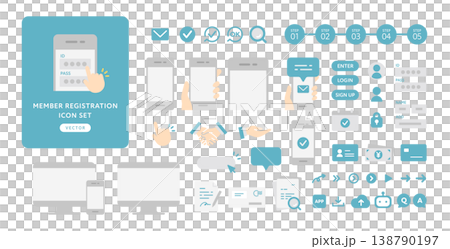 一套用於智慧型手機操作的向量圖標，可用於會員註冊和帳戶建立流程。扁平化設計，藍色。 138790197