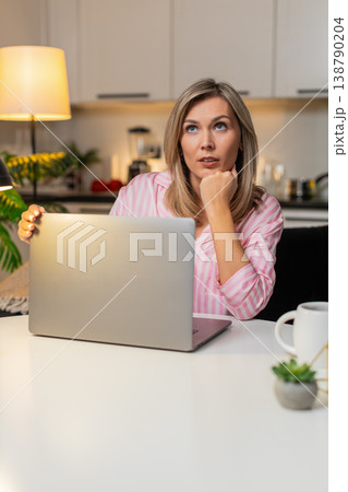 Adult woman freelancer tired powers off laptop closes lid decides to continue tomorrow focused fresh Adult woman freelancer tired powers off laptop closes lid decides to continue tomorrow focused fresh 138790204